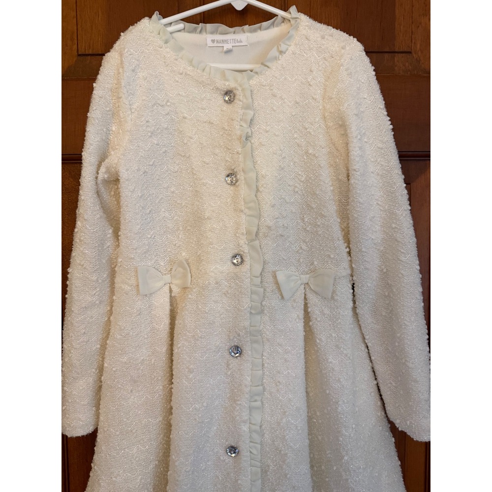 Nanette Kids Holiday Coat Girls Size 10 Ivory Fully-Lined Jeweled Button-Up